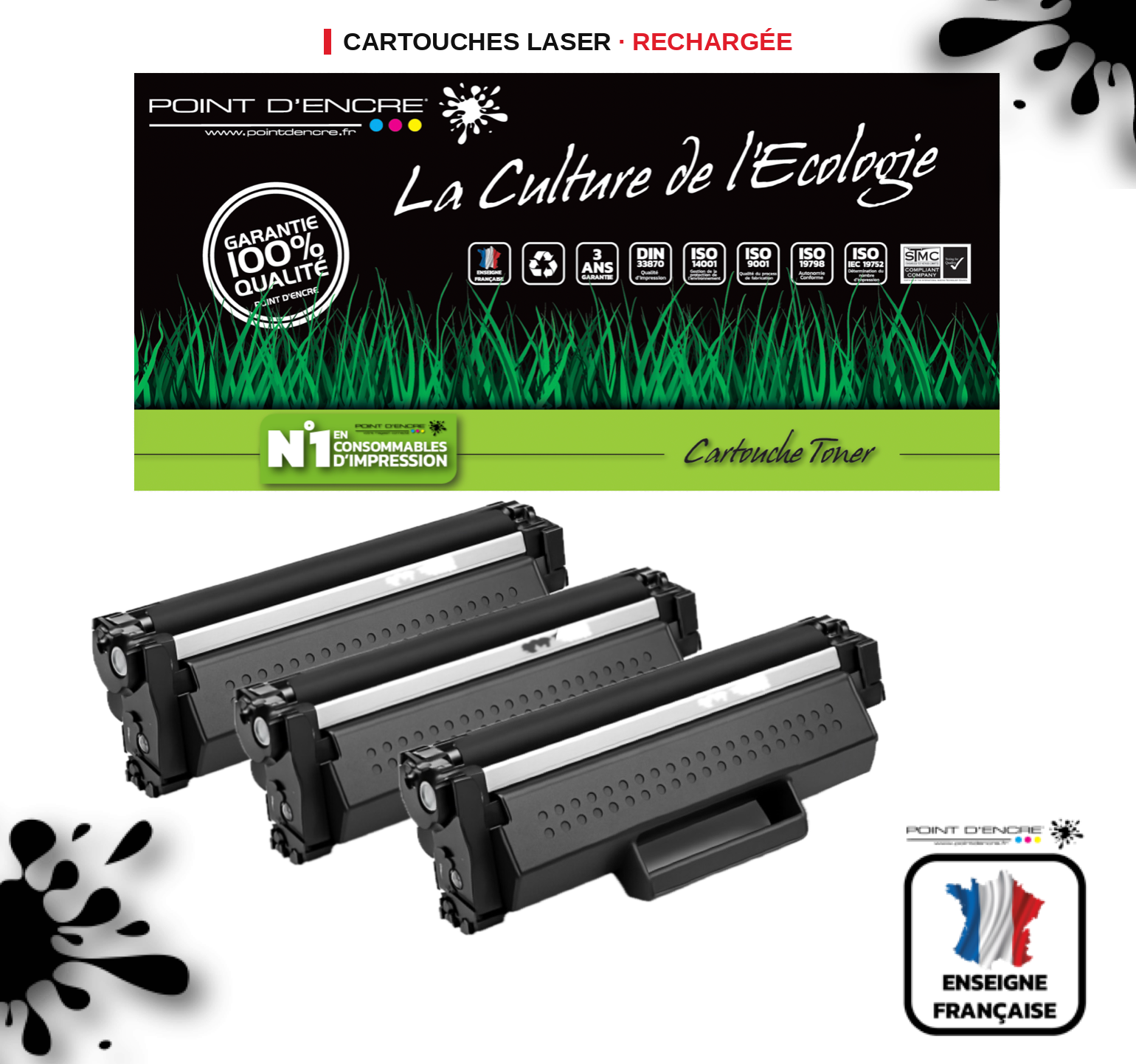 TN1150 - 3 X Noir - Grande capacité Marque Francaise POINT D'ENCRE pour Imprimantes compatibles Brother (clp)