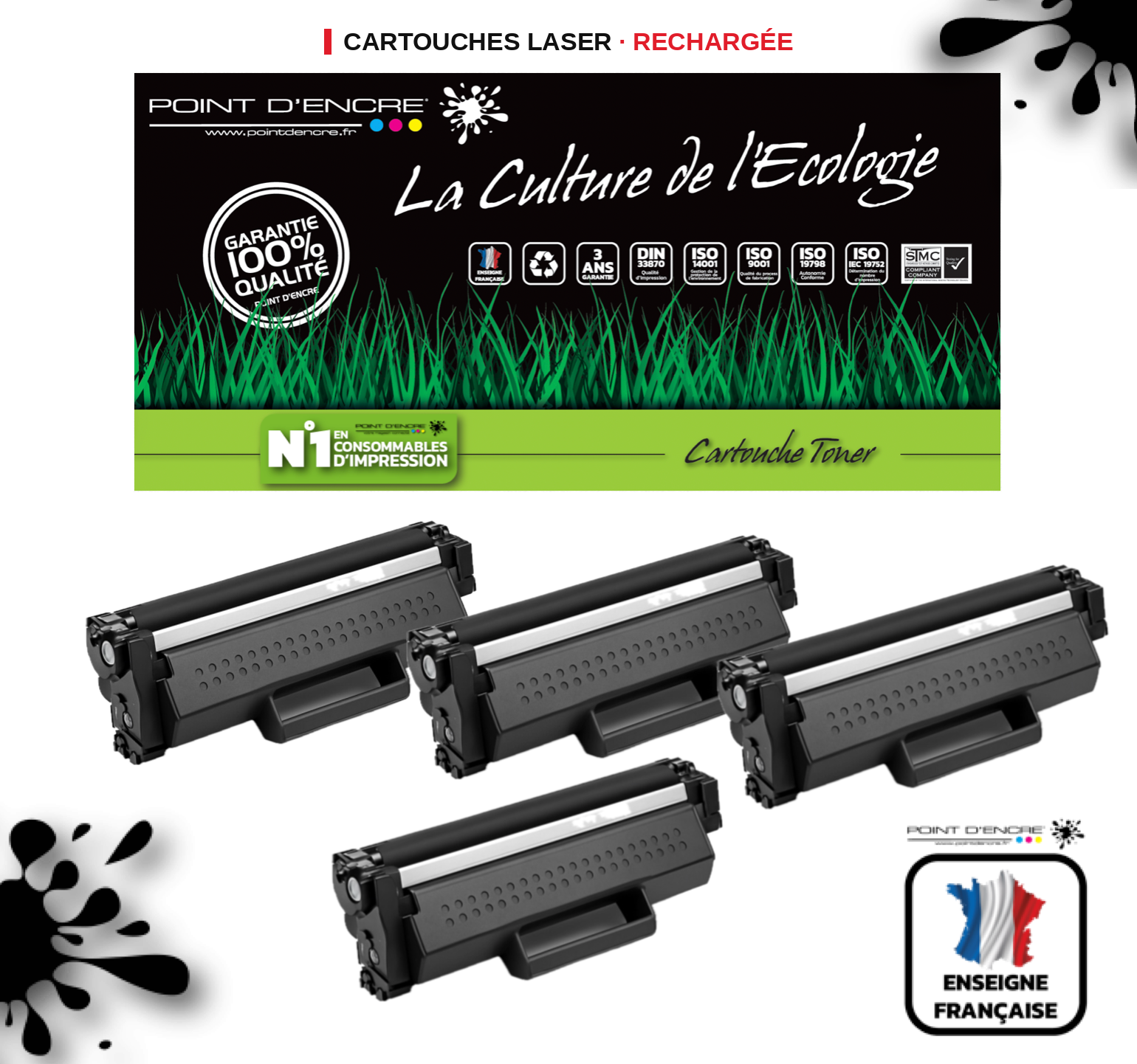 TN1150 - 4 X Noir - Grande capacité Marque Francaise POINT D'ENCRE pour Imprimantes compatibles Brother (clp)