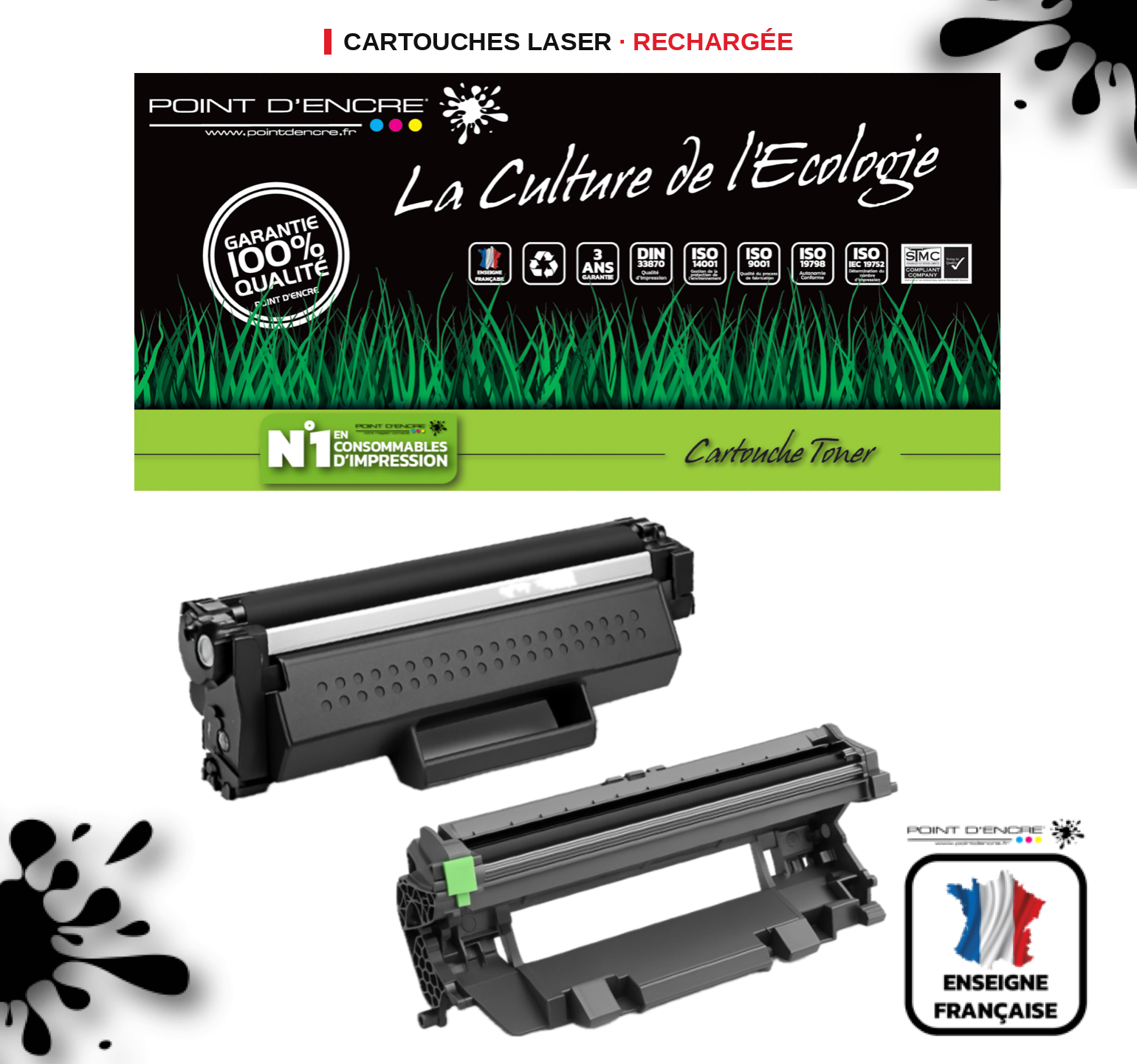 TN1150 / DR1150 - Cartouche / Tambour - Noir - Grande capacité Marque Francaise POINT D'ENCRE pour Imprimantes compatibles Brother (clp)