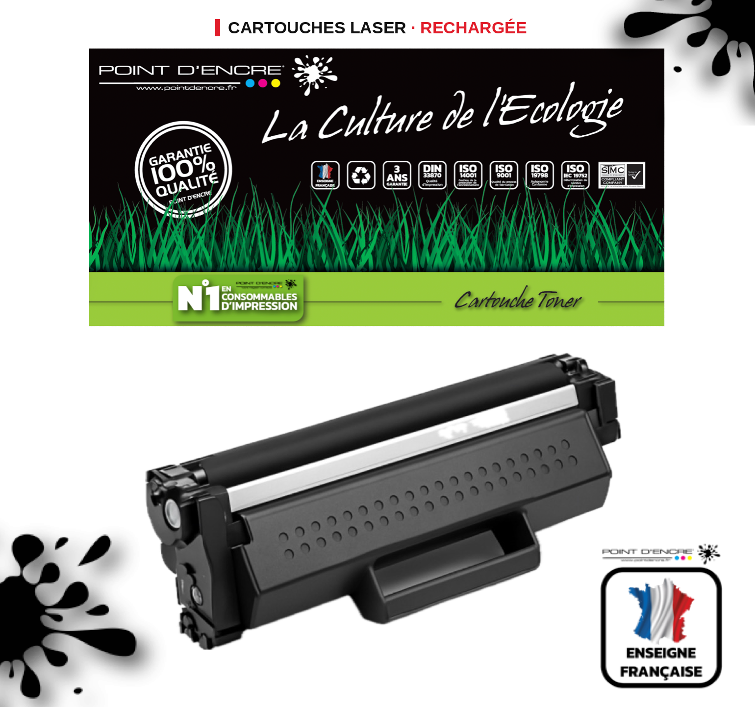 TN1150 - Noir - Grande capacité Marque Francaise POINT D'ENCRE pour Imprimantes compatibles Brother (clp)