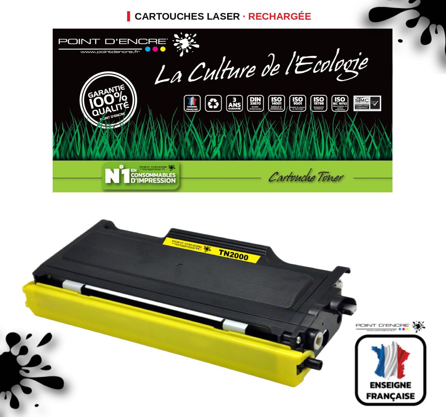 TN2000 - NOIR - Grande capacité Marque Francaise POINT D'ENCRE pour Imprimantes compatibles Brother (clbr)
