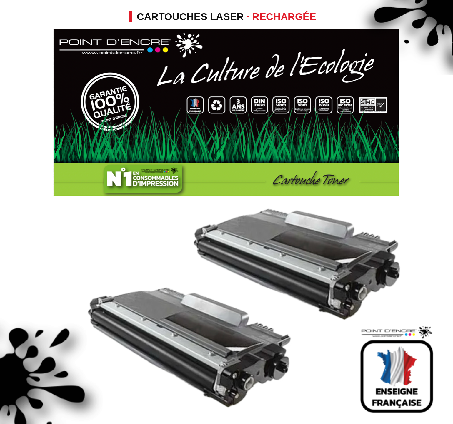 2 X TN2220/TN2210/TN2010/TN450 - NOIR - Grande capacité Marque Francaise POINT D'ENCRE SU799A / SU810A pour Imprimantes compatibles Brother (clbr)