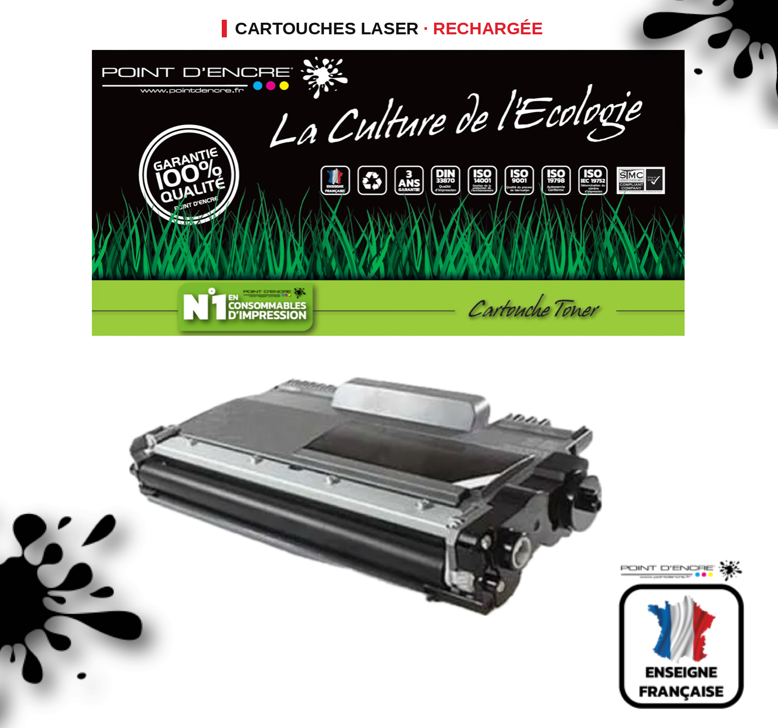 TN2220/TN2210/TN2010/TN450 - NOIR - Grande capacité Marque Francaise POINT D'ENCRE SU799A / SU810A pour Imprimantes compatibles Brother (clbr)
