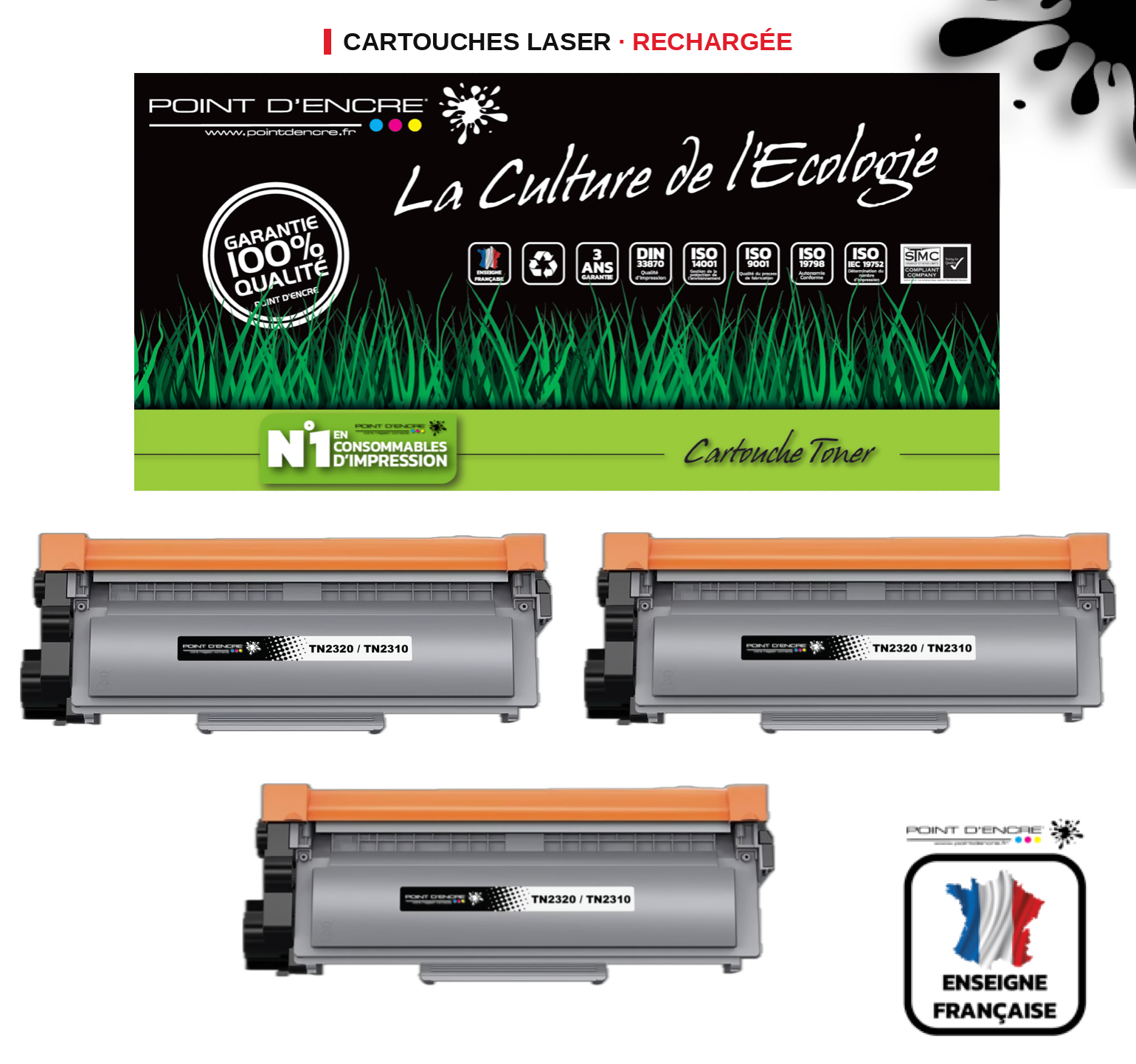 TN2320/TN2310/ - 3 X Noir - Grande capacité Marque Francaise POINT D'ENCRE/ DR2300 pour Imprimantes compatibles Brother (clp)