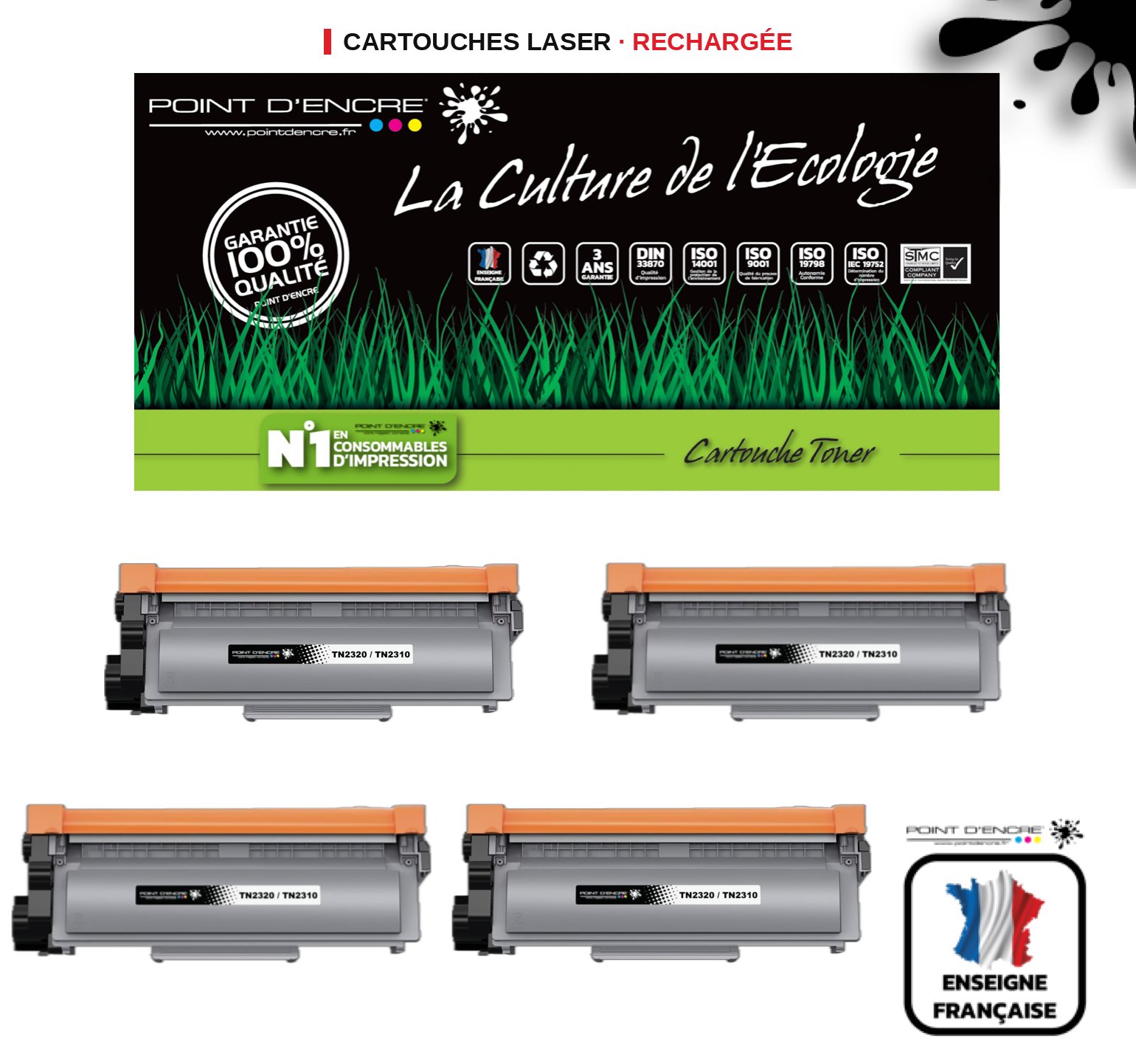 TN2320/TN2310/ - 4 X Noir - Grande capacité Marque Francaise POINT D'ENCRE/ DR2300 pour Imprimantes compatibles Brother (clp)