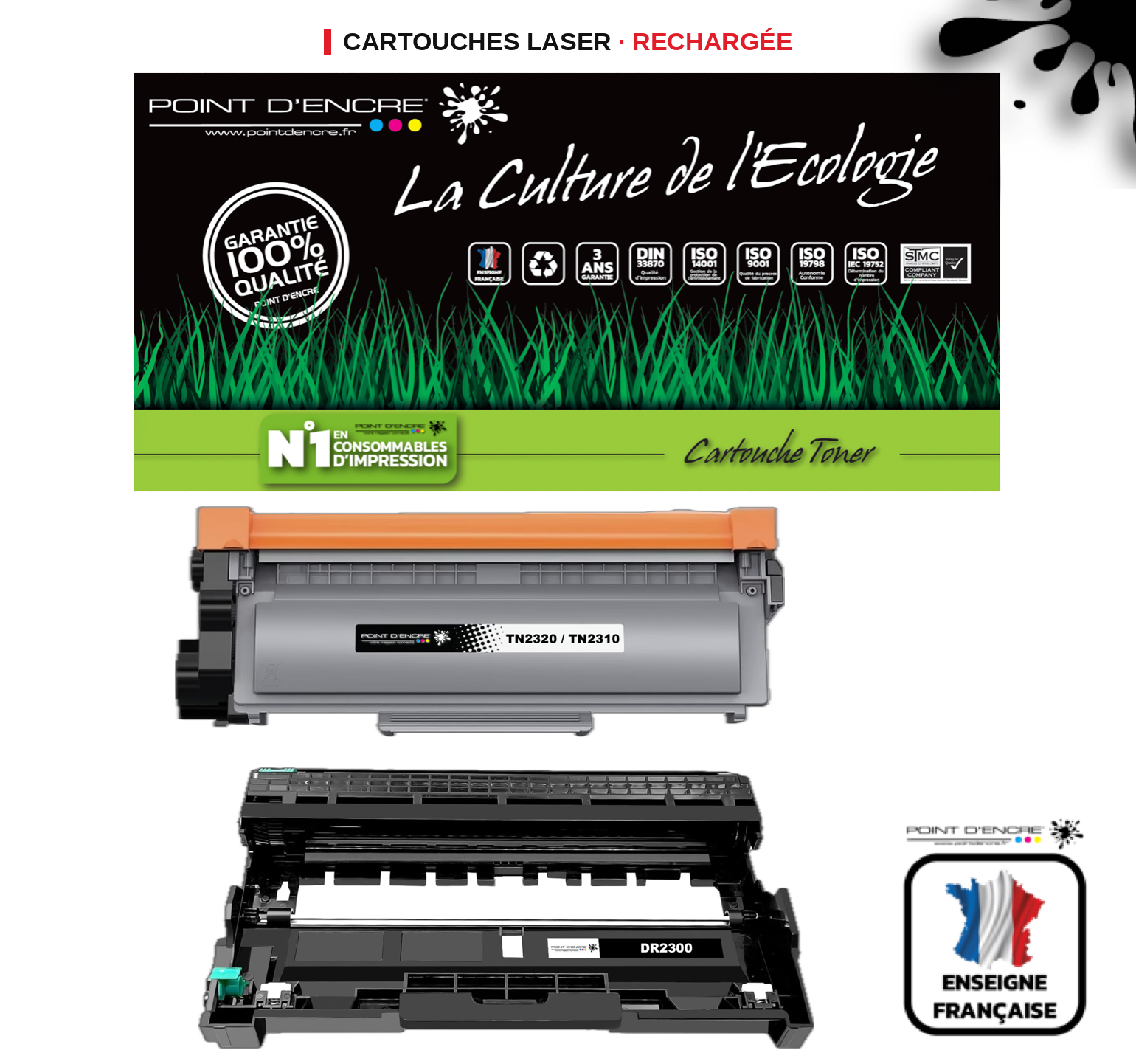 TN2320/TN2310/DR2300 - Noir - Grande capacité Marque Francaise POINT D'ENCRE pour Imprimantes compatibles Brother (clp) (Copie)