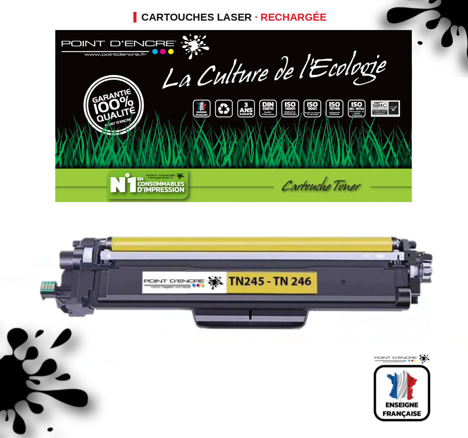 TN241 / TN245 / TN242 / TN246 - JAUNE - Grande capacité Marque Francaise POINT D'ENCRE pour Imprimantes compatibles Brother (clbr)