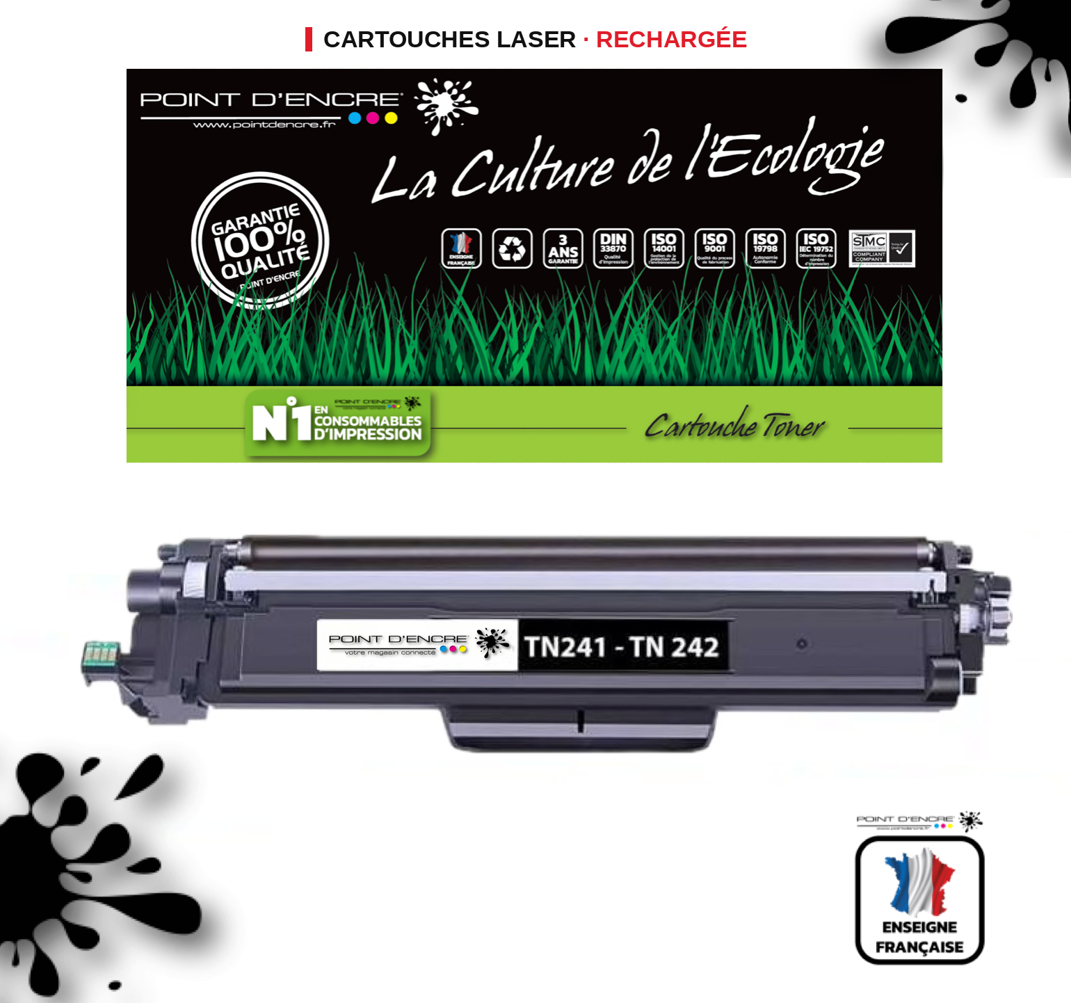 TN241 / TN245 / TN242 / TN246 - NOIR - Grande capacité Marque Francaise POINT D'ENCRE pour Imprimantes compatibles Brother (clbr)