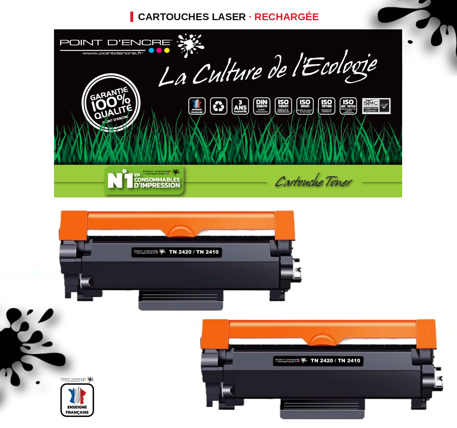 TN2420 / TN2410 Pack de 2 x cartouches d'encre Toner- Noir - Grande capacité Marque Francaise POINT D'ENCRE pour Imprimantes compatibles Brother (clp)