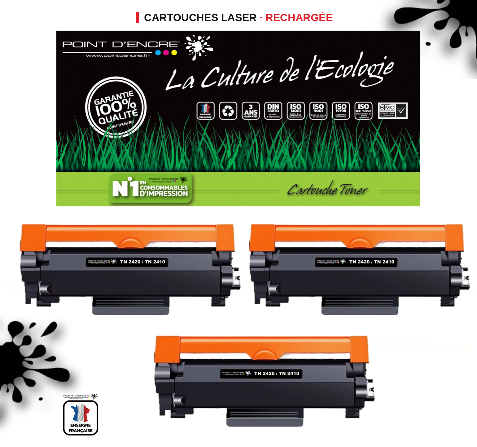 TN2420 / TN2410 Pack de 3 x cartouches d'encre Toner- Noir - Grande capacité Marque Francaise POINT D'ENCRE pour Imprimantes compatibles Brother (clp)