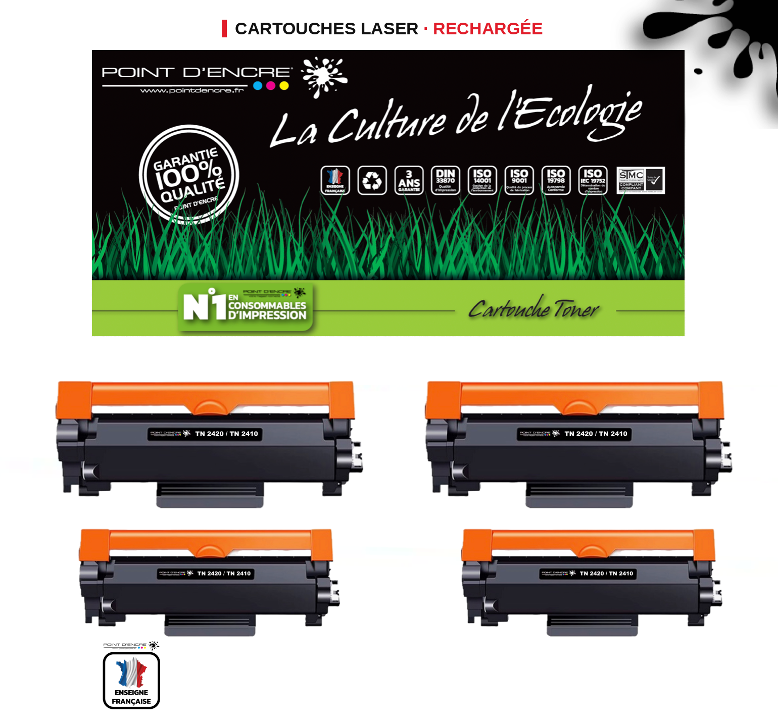 TN2420 / TN2410 Pack de 4 x cartouches d'encre Toner- Noir - Grande capacité Marque Francaise POINT D'ENCRE pour Imprimantes compatibles Brother (clp)