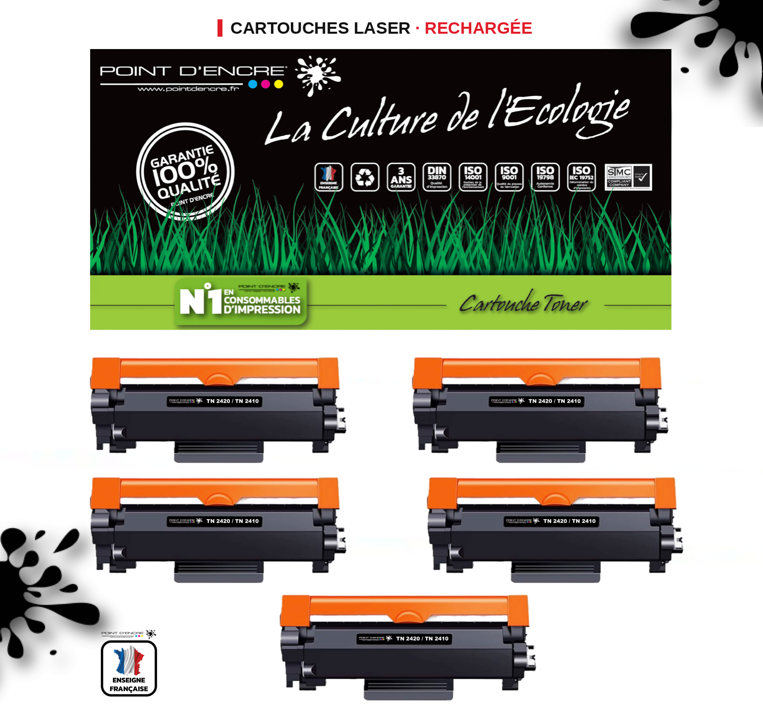 TN2420 / TN2410 Pack de 5 x cartouches d'encre Toner- Noir - Grande capacité Marque Francaise POINT D'ENCRE pour Imprimantes compatibles Brother (clp)