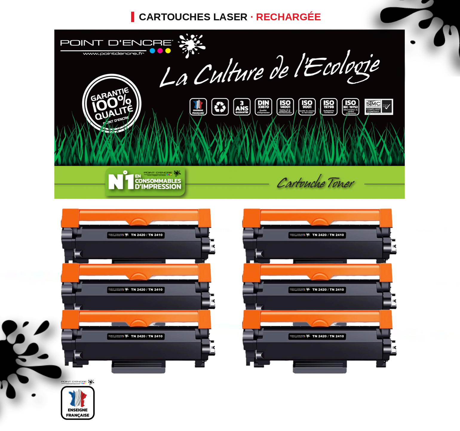 TN2420 / TN2410 Pack de 6 x cartouches d'encre Toner- Noir - Grande capacité Marque Francaise POINT D'ENCRE pour Imprimantes compatibles Brother (clp)