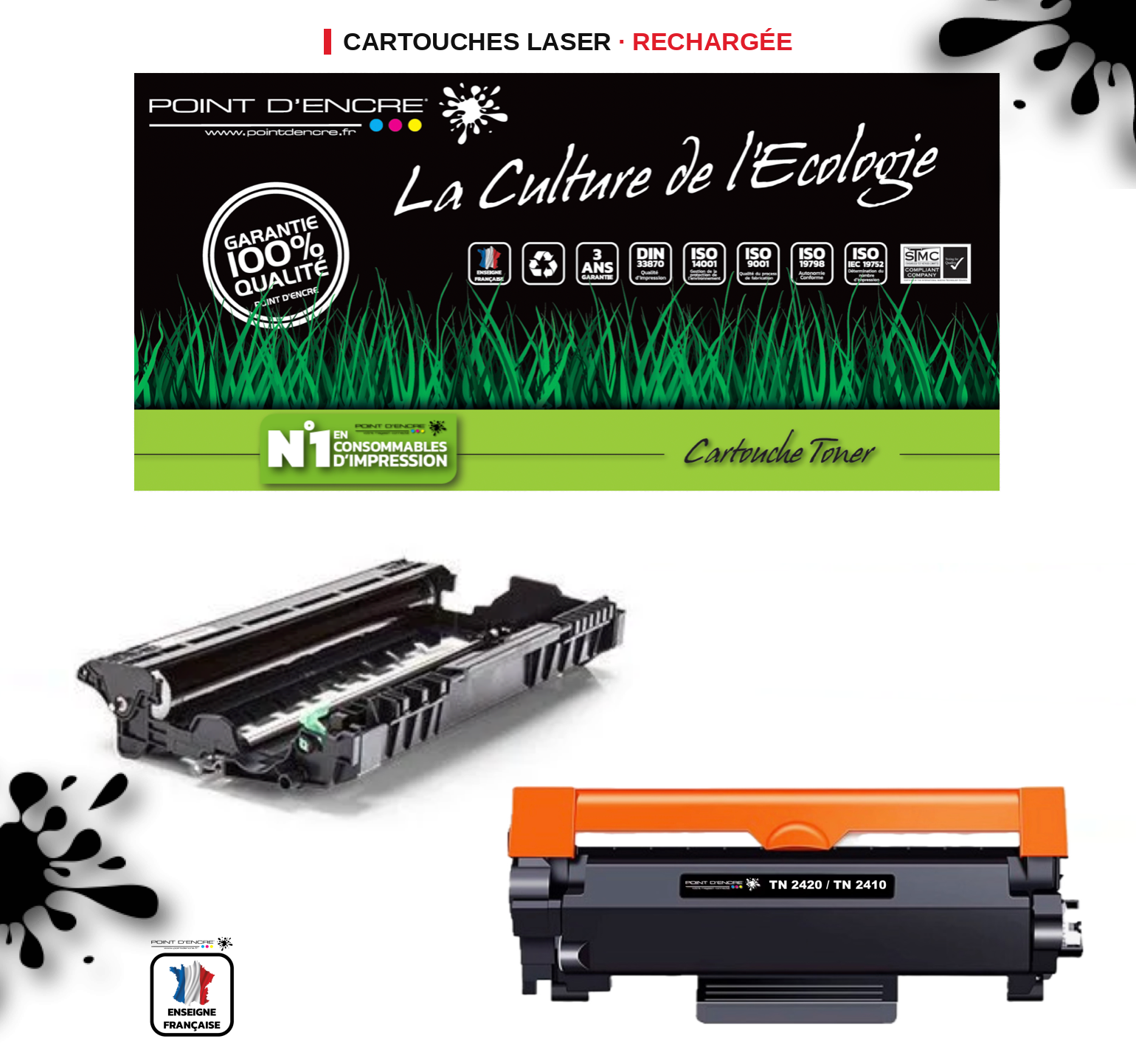 DR2400 (tambour) / TN2420 / TN2410 Cartouche d'encre Toner - Noir - Grande capacité Marque Francaise POINT D'ENCRE pour Imprimantes compatibles Brother (clp)