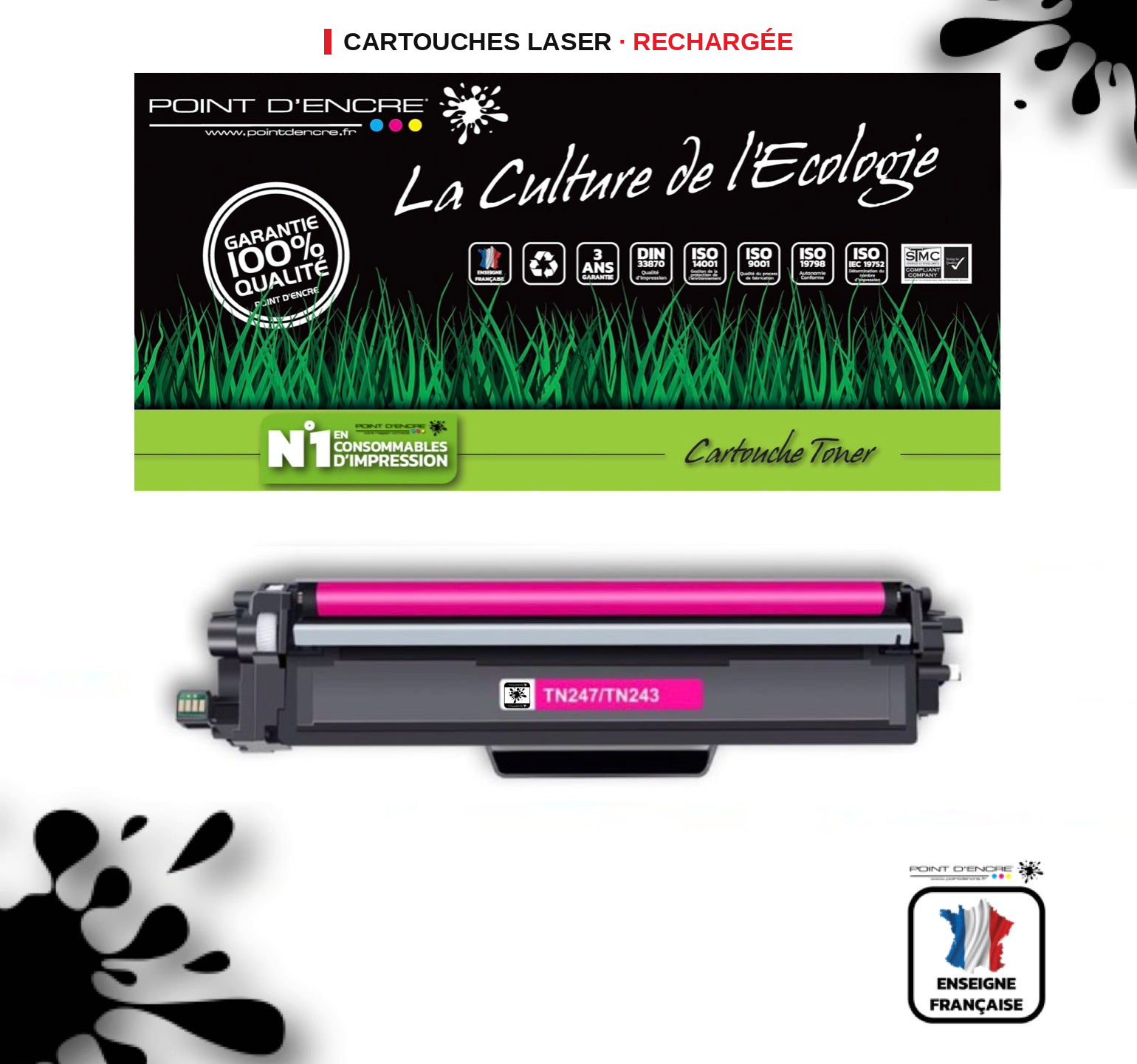 TN247 / TN243 - MAGENTA - Grande capacité Marque Francaise POINT D'ENCRE pour Imprimantes compatibles Brother (clbr)