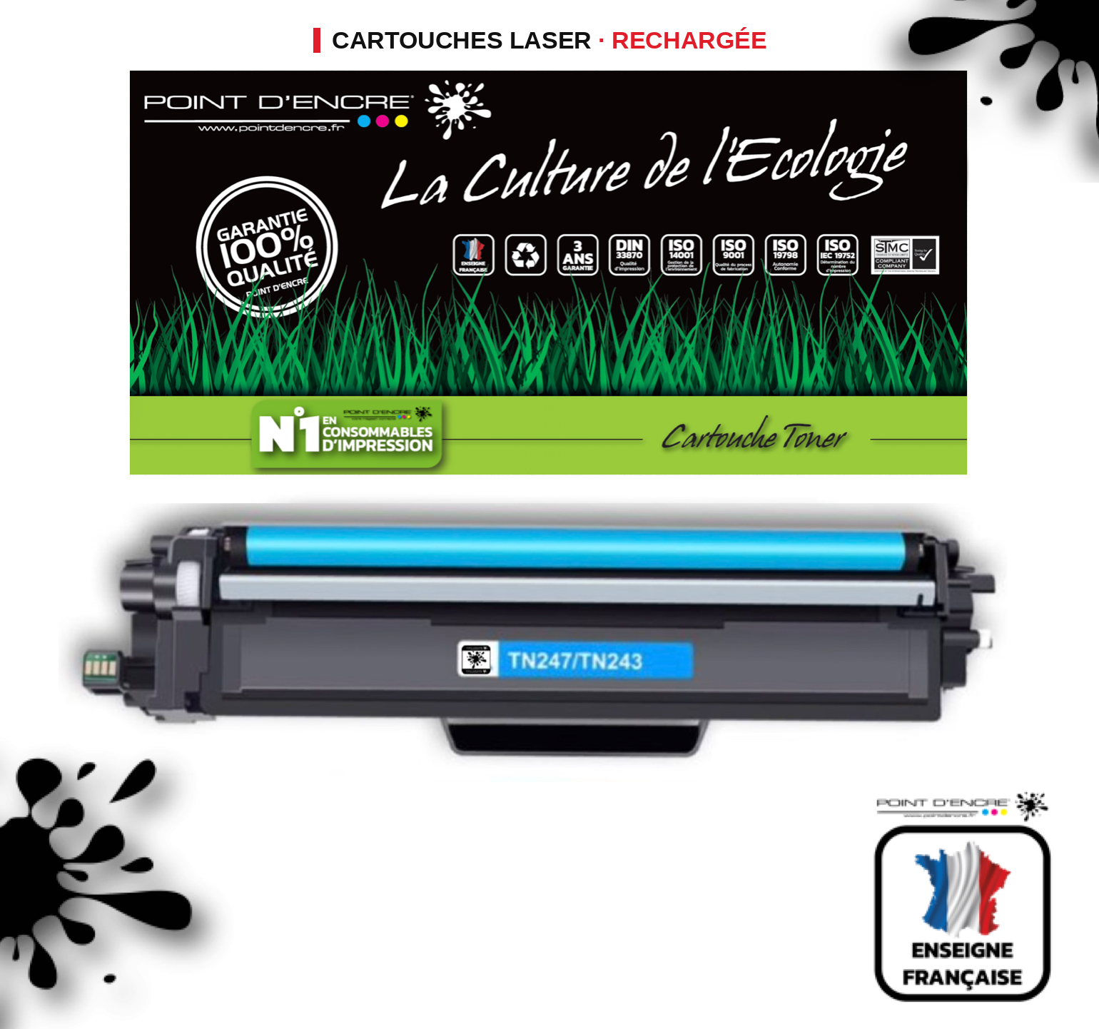 TN247 / TN243 - CYAN - Grande capacité Marque Francaise POINT D'ENCRE pour Imprimantes compatibles Brother (clbr)