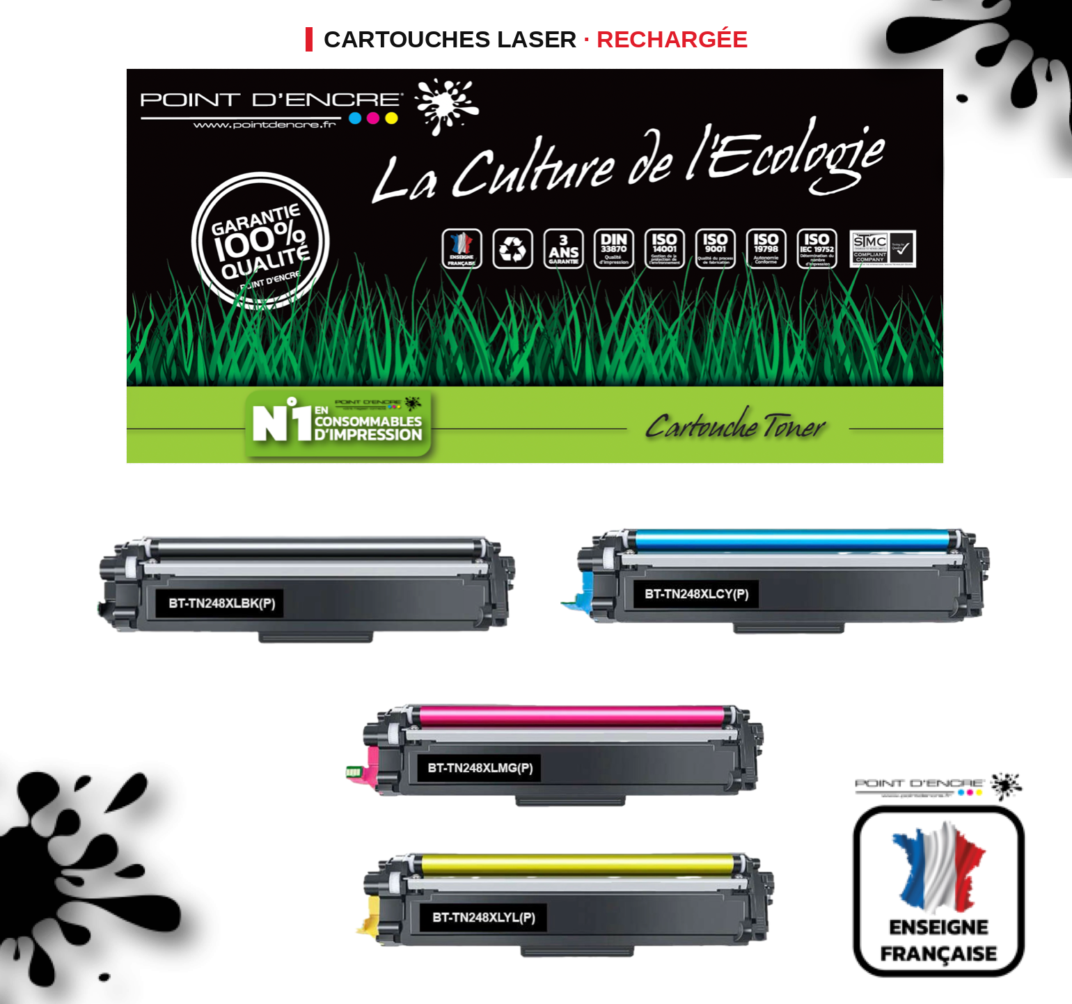 TN248XL -  NOIR / CYAN / MAGENTA / JAUNE - Grande capacité Marque Francaise POINT D'ENCRE pour Imprimantes compatibles Brother (clbr)