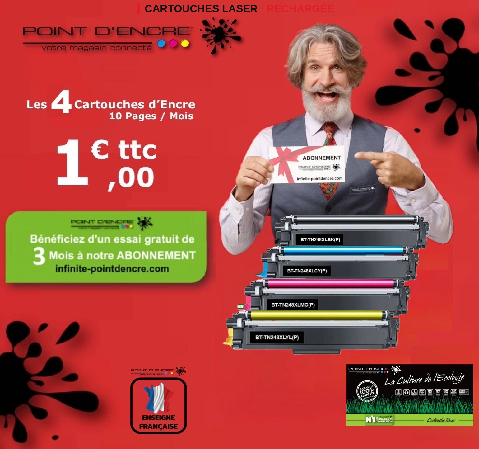 TN248XL -  ABONNEMENT - NOIR / CYAN / MAGENTA / JAUNE - Grande capacité Marque Francaise POINT D'ENCRE pour Imprimantes compatibles Brother (clbr)