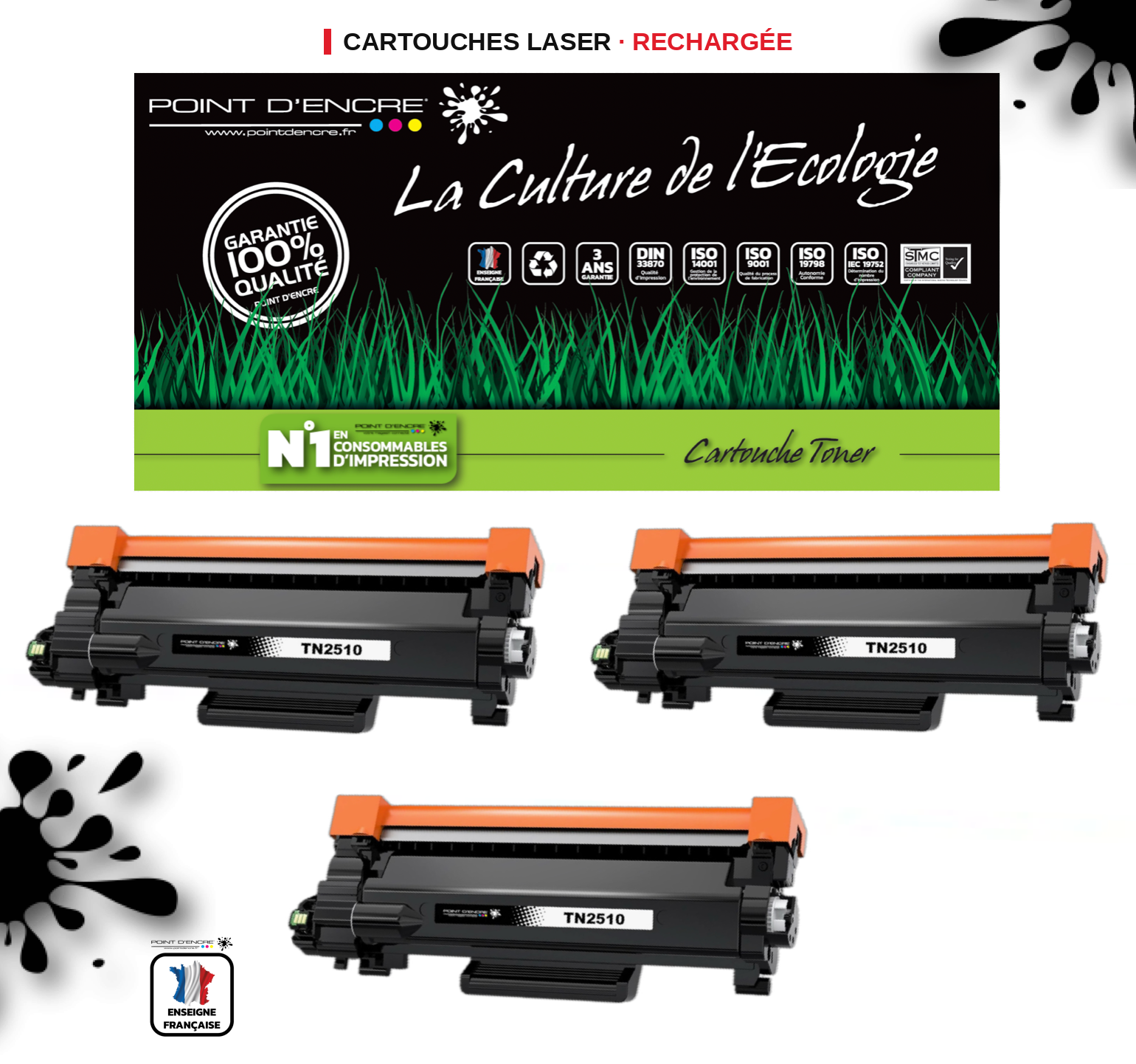TN2510XL - 3 X NOIR - Grande capacité Marque Francaise POINT D'ENCRE pour Imprimantes compatibles Brother (clbr)