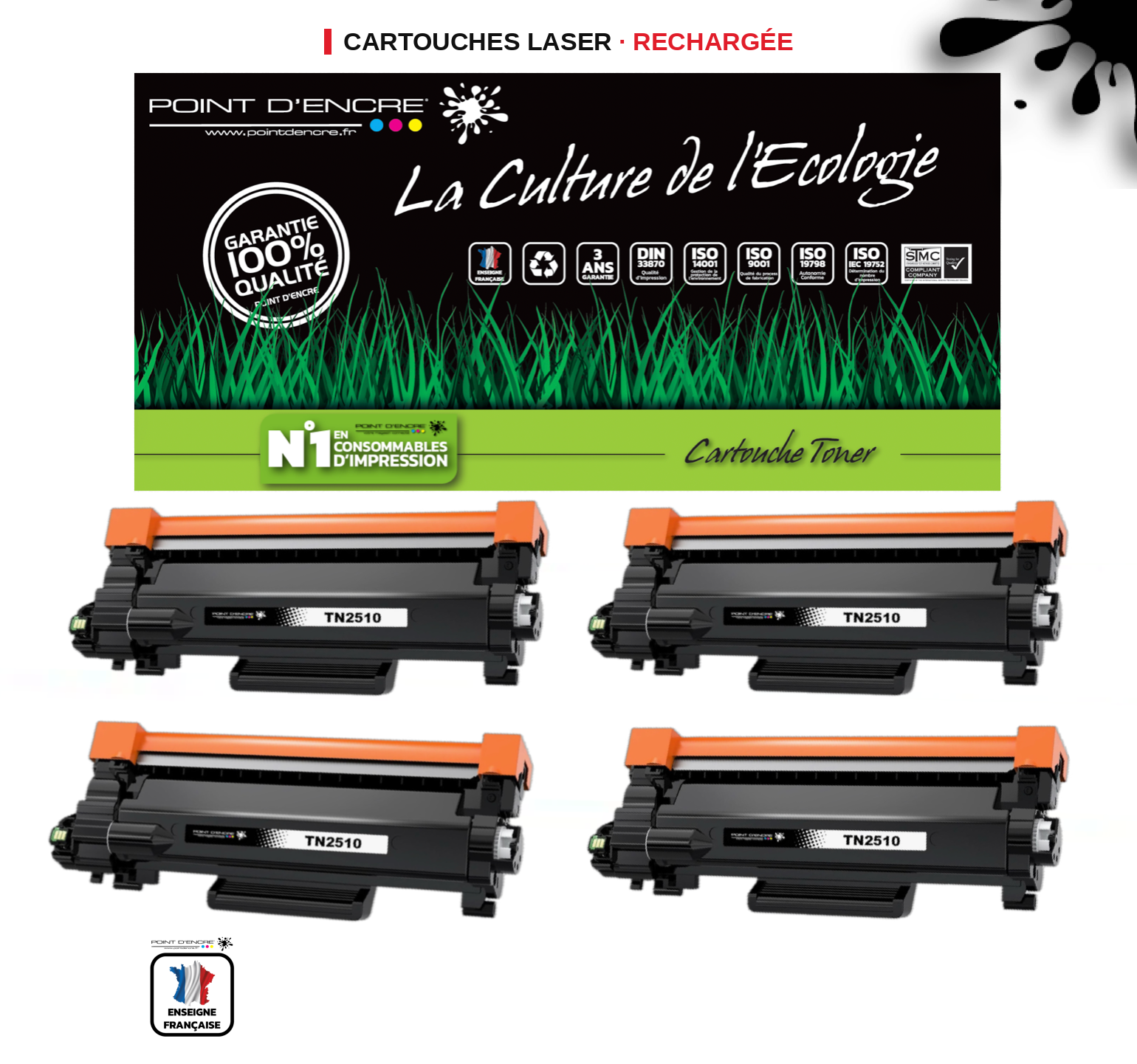 TN2510XL - 4 X NOIR - Grande capacité Marque Francaise POINT D'ENCRE pour Imprimantes compatibles Brother (clbr)