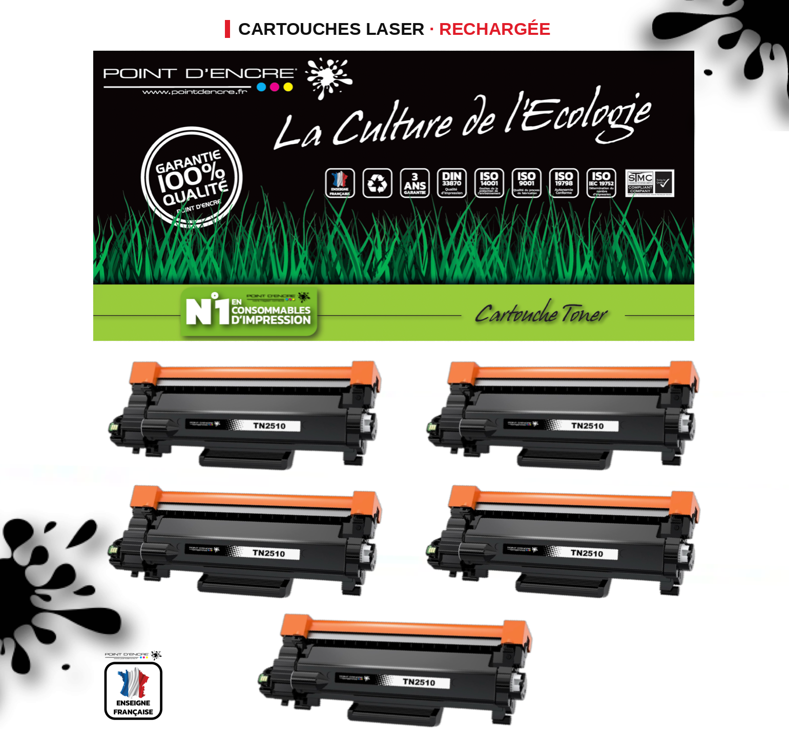 TN2510XL - 5 X NOIR - Grande capacité Marque Francaise POINT D'ENCRE pour Imprimantes compatibles Brother (clbr)