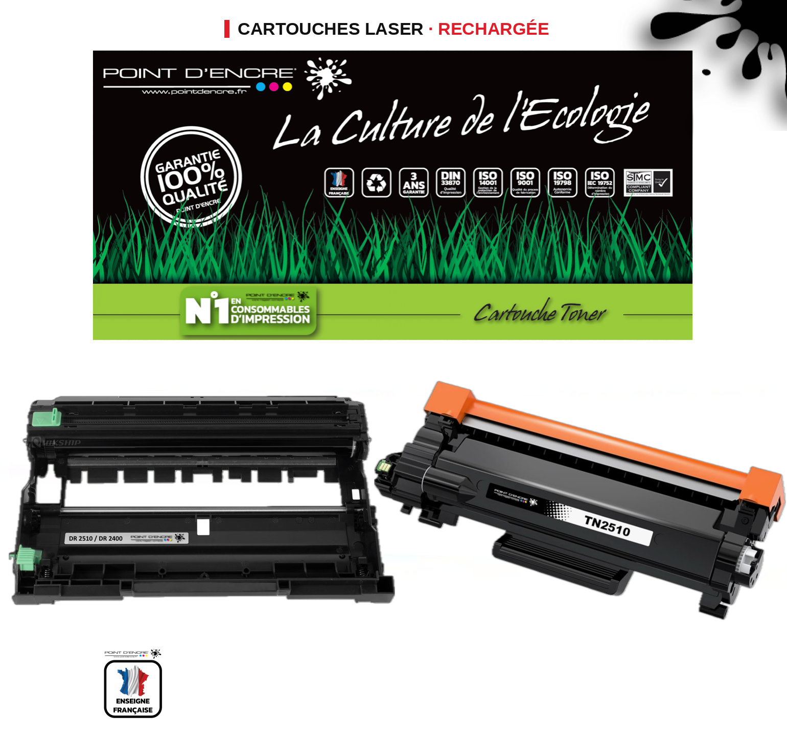 TN2510XL / DR2510 - NOIR / TAMBOUR - Grande capacité Marque Francaise POINT D'ENCRE pour Imprimantes compatibles Brother (clbr)