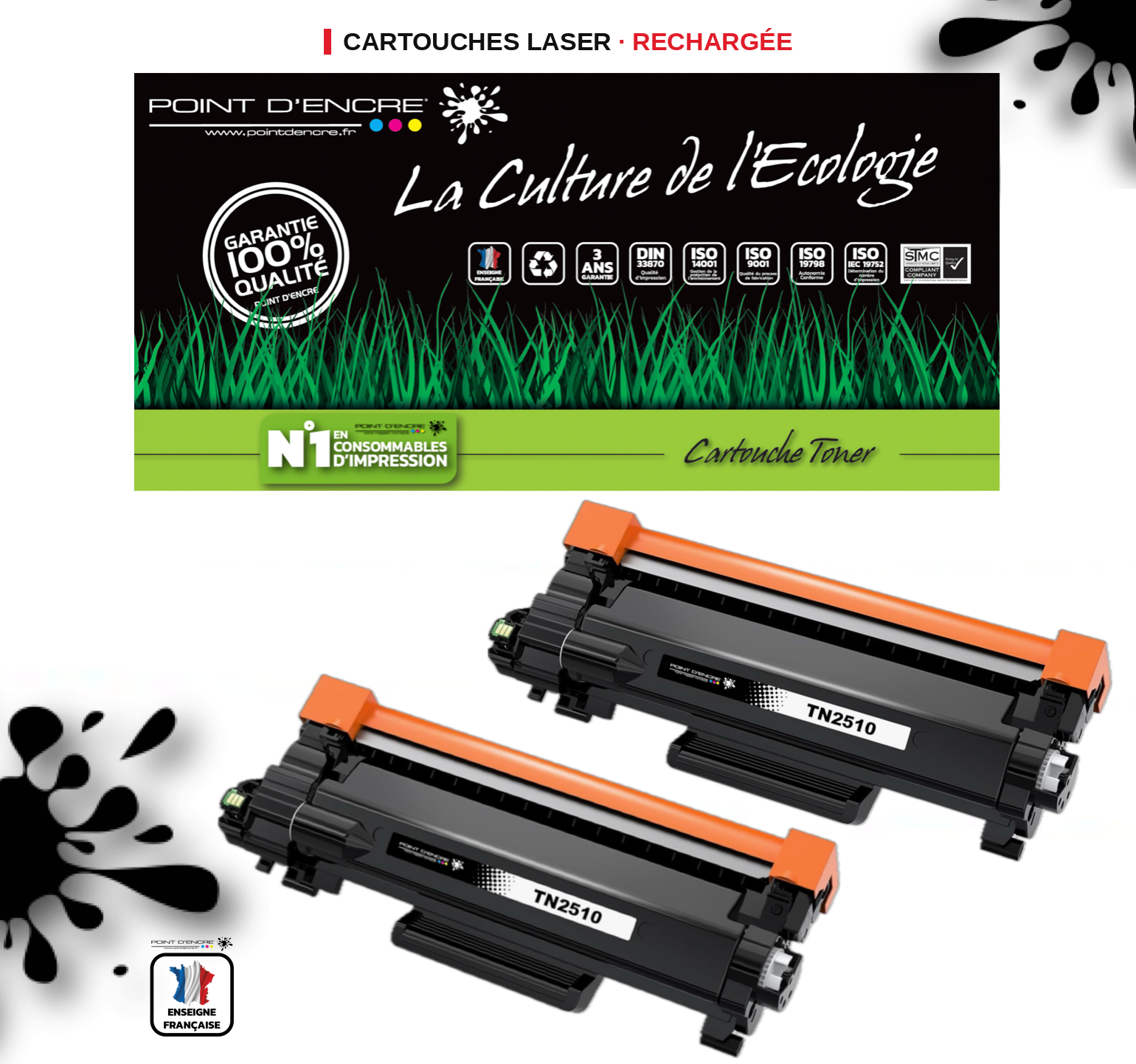 TN2510XL - 2 X NOIR - Grande capacité Marque Francaise POINT D'ENCRE pour Imprimantes compatibles Brother (clbr)