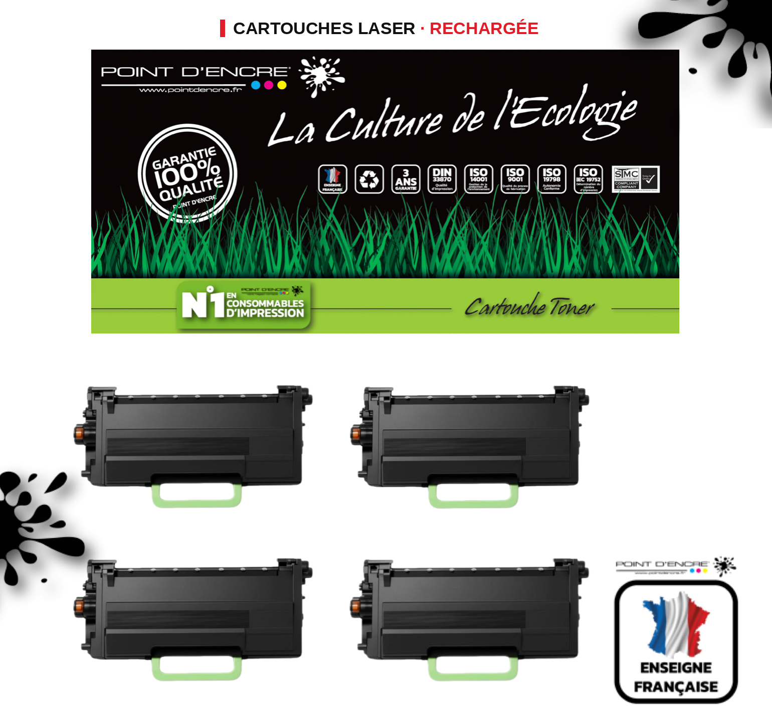 TN3600XXL - 4 X NOIR - Grande capacité Marque Francaise POINT D'ENCRE pour Imprimantes compatibles Brother (clbr)