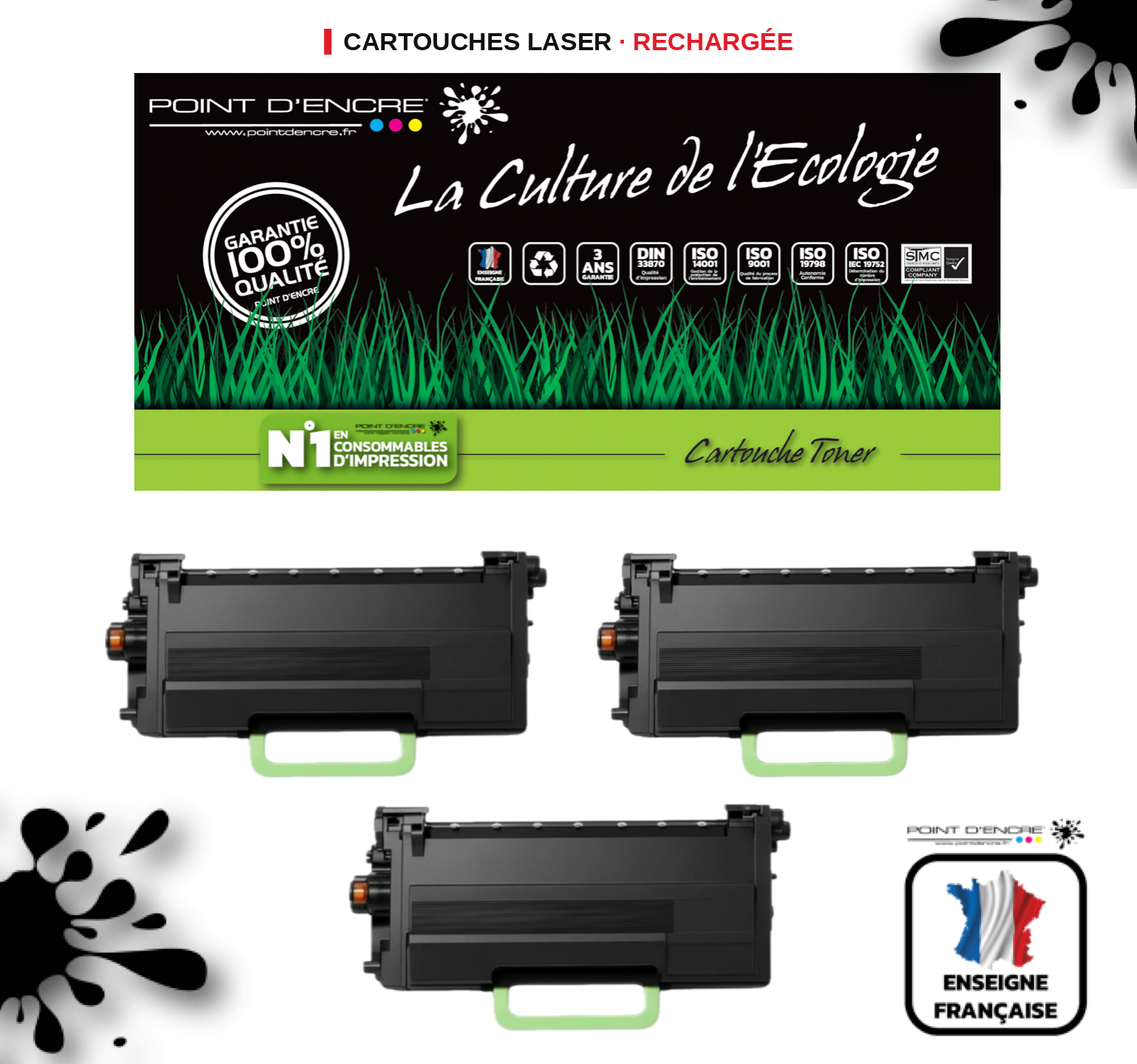 TN3600XXL - 3 X NOIR - Grande capacité Marque Francaise POINT D'ENCRE pour Imprimantes compatibles Brother (clbr)