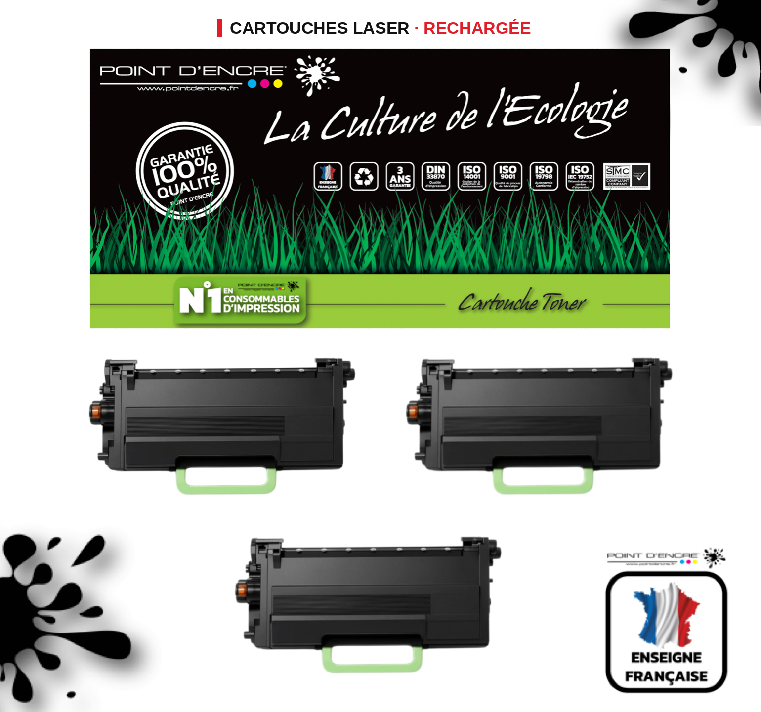 TN3610XXL Cartouche d'encre Toner - 3 X Noir - Grande capacité Marque Francaise POINT D'ENCRE pour Imprimantes compatibles Brother (clp)