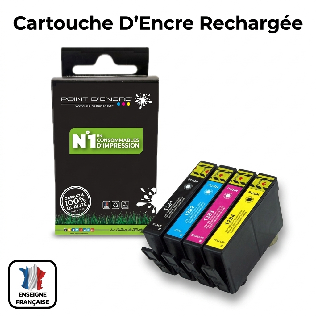 T1285 - Renard  - NOIR / CYAN / MAGENTA / JAUNE - Grande capacité de Marque Française POINT D'ENCRE Pour imprimante compatible EPSON (cee)